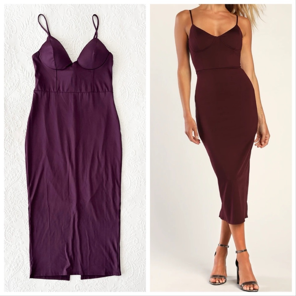 NWOT Lulus Sophisticated Soiree Plum Purple Bustier Midi Bodycon Dress Medium